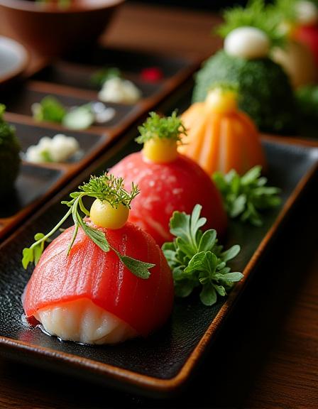 An exquisitely arranged multi-course kaiseki meal on a lacquered tray.